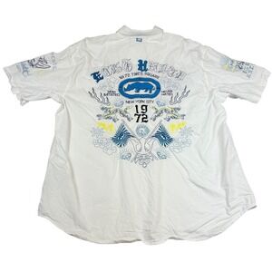 ECKO UNLTD‎ Graphic Mens XL Button Down Shirt Y2K White Loud NYC Grunge Skater